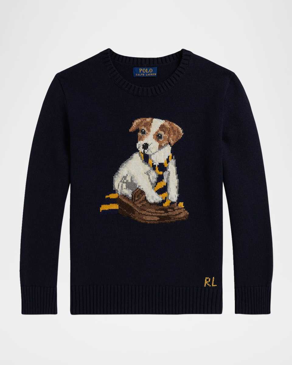 Boy's Dog Intarsia Knit Cotton Crewneck Sweater, Size S-XL